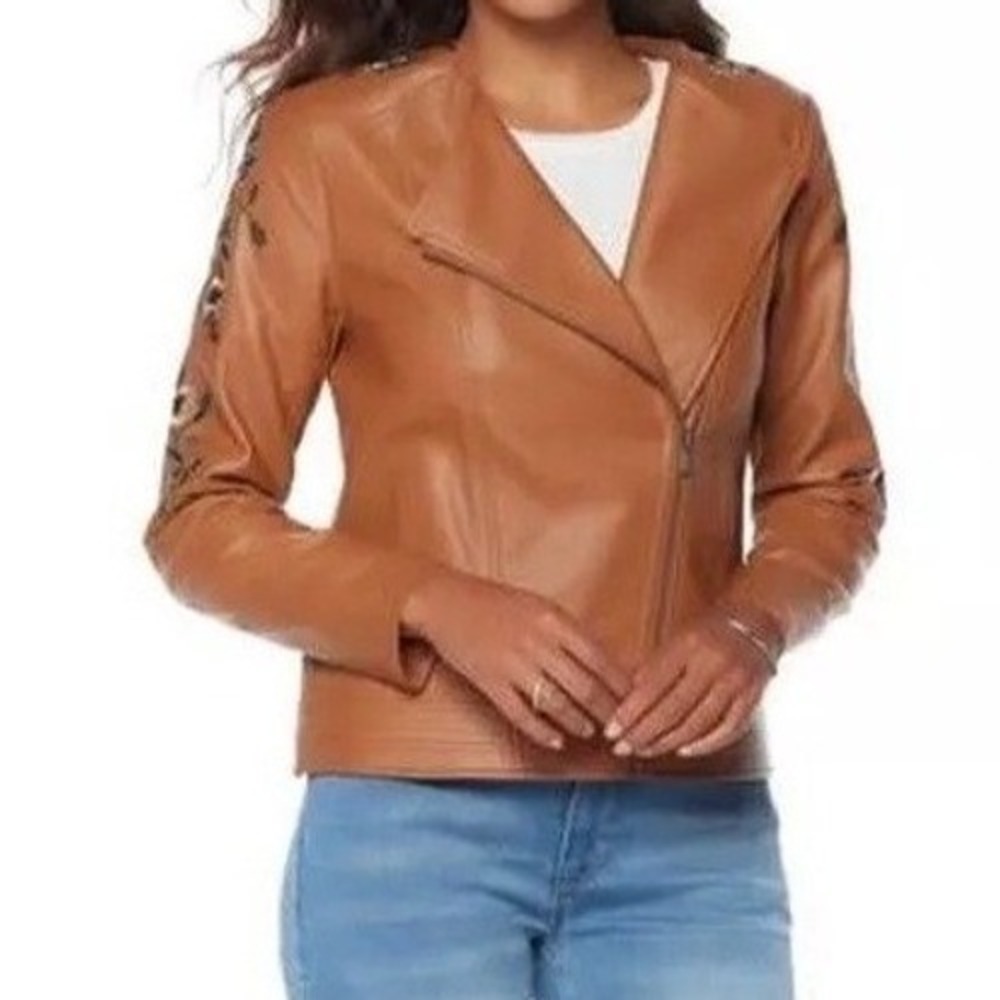 G by Giuliana Embroidered Faux Leather Moto Jacket Cognac Brown Floral Large ep